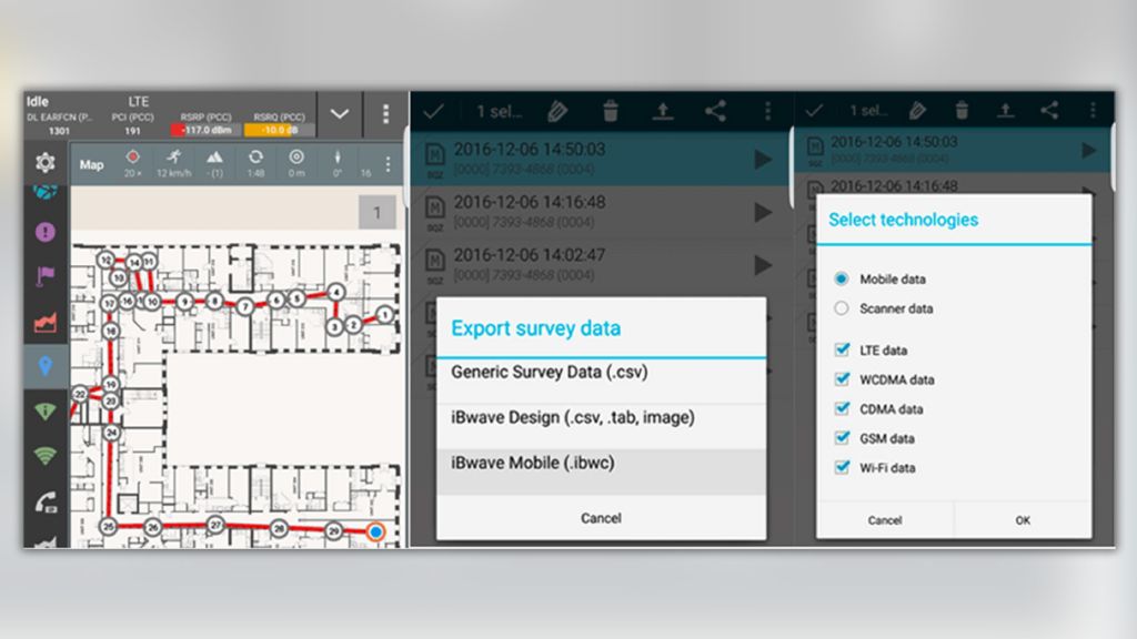 Figure 7: Measurement performed by QualiPoc Android based on iBwave floor plan, data exported as .ibwc file