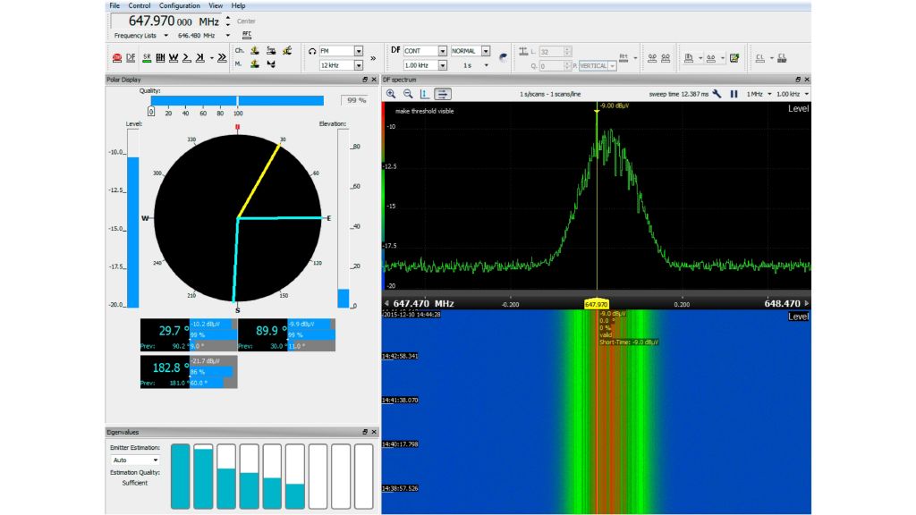 User interface of a direction finder applying super-resolution to determine the individual bearings from three emitters on the same frequency.