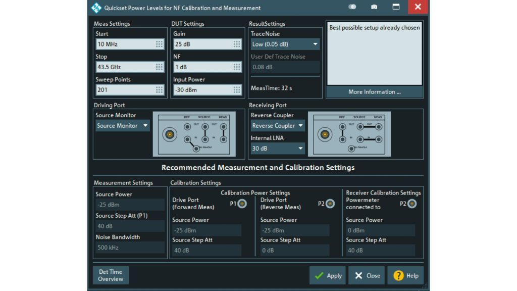 “快速设置”噪声系数菜单，根据可用仪器硬件配置和测试条件提供最佳测量设置建议。