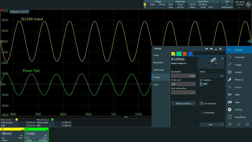 R&S®RTO2000 示波器的 R&S®RT-ZPR20 电源完整性探头自动进行检测。