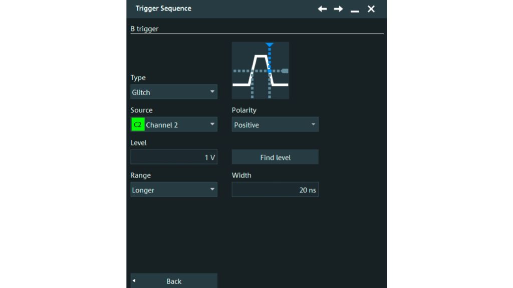 触发设置：触发 B 的毛刺事件