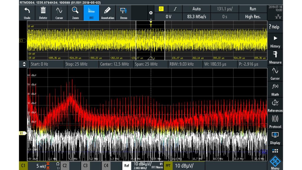 未使用输入滤波器时的 EMI 频谱