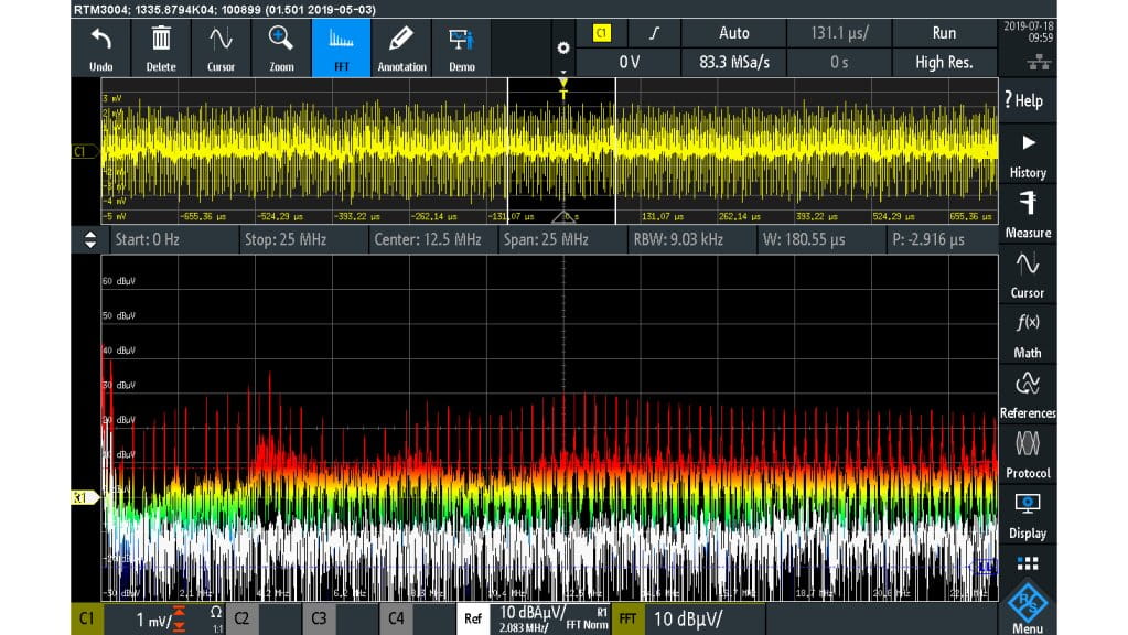 使用输入滤波器时的 EMI 频谱