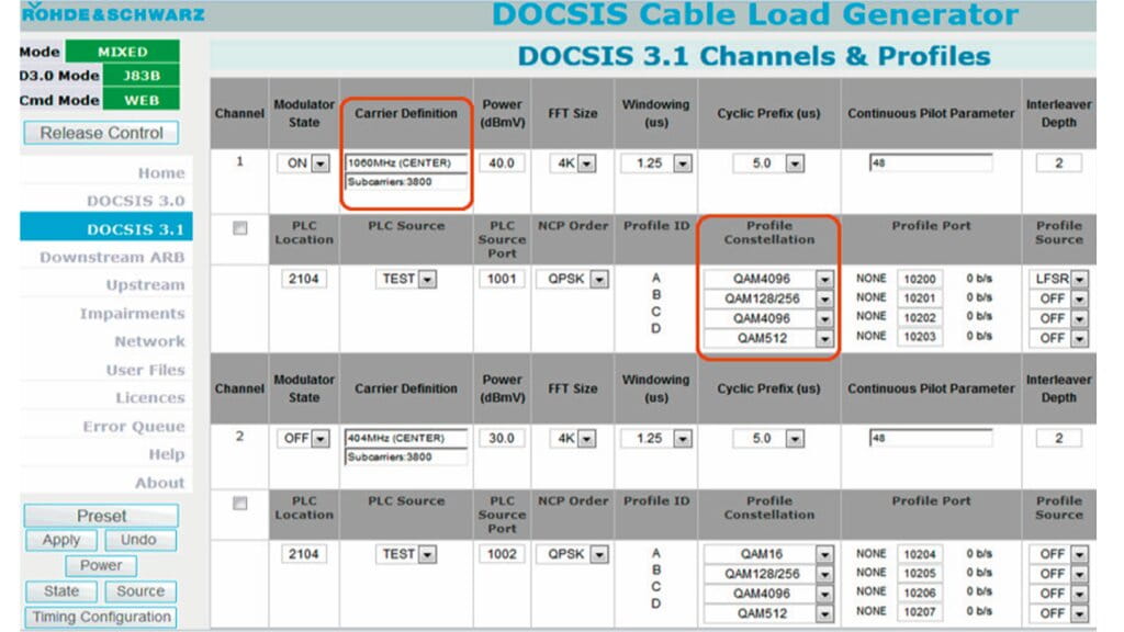 设置 DOCSIS 3.1 信道的 R&S®CLGD 图形用户界面。